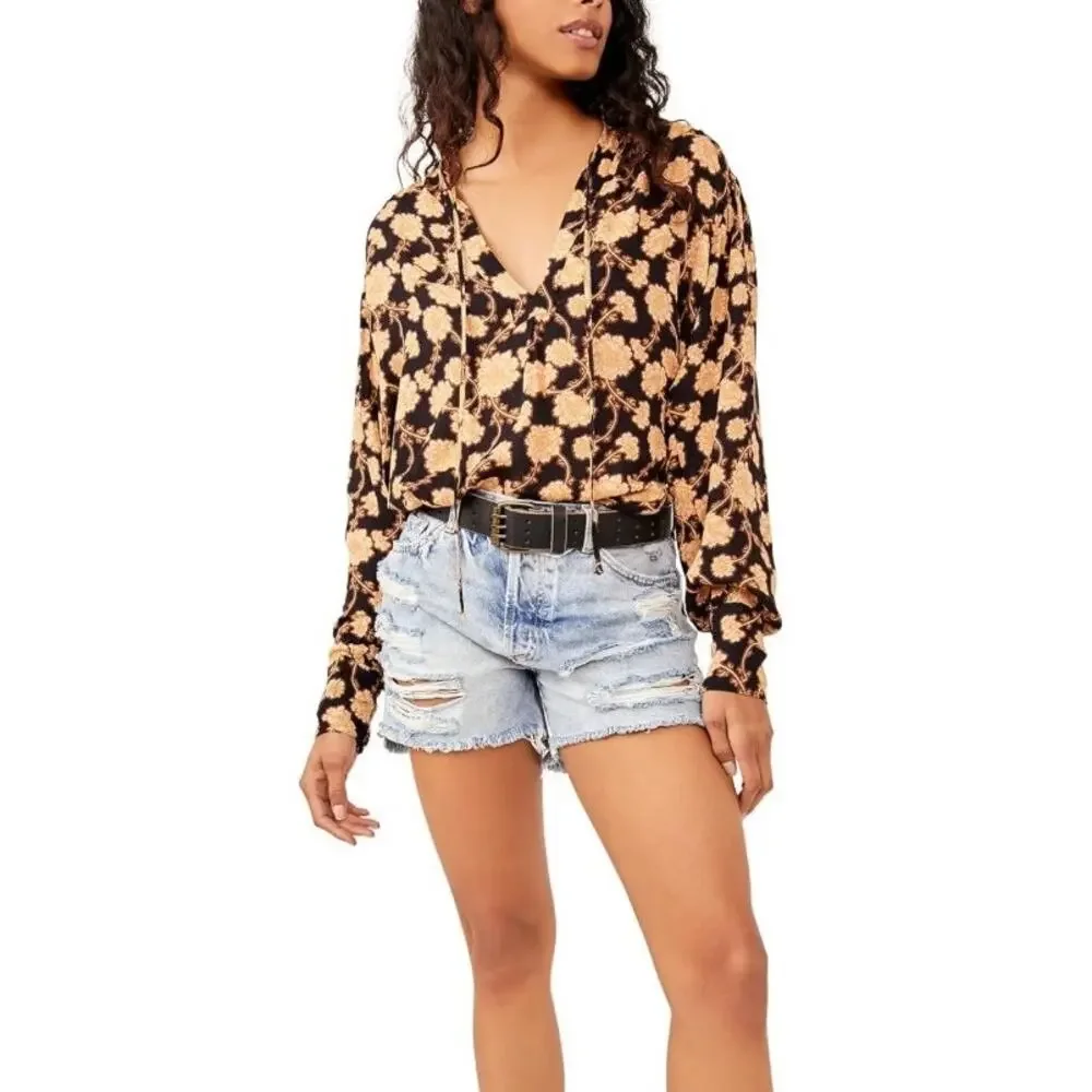 Free People Mia Tunic Floral Blouse Black Brown Size XS V-Neck Flow Boho Cottage
